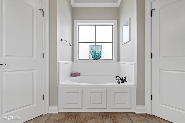 full bath with a bath, tile patterned flooring, and ornamental molding