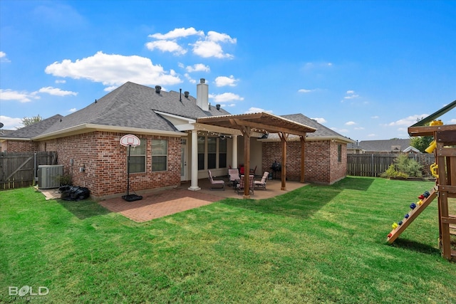 back of property with a patio, brick siding, a pergola, and a fenced backyard