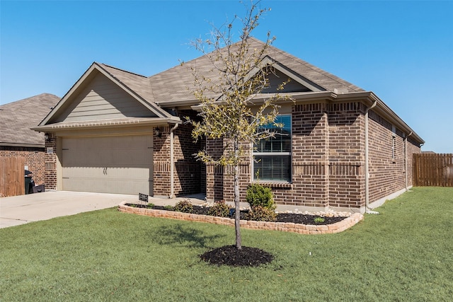 ranch-style house featuring concrete driveway, brick siding, and a front lawn