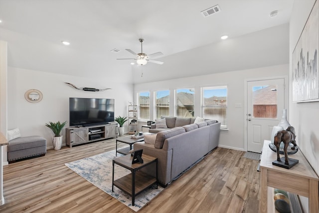 living area with recessed lighting, baseboards, light wood-style floors, and ceiling fan