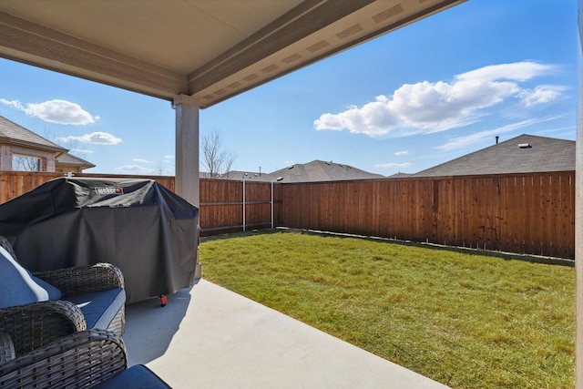 view of yard featuring a patio and a fenced backyard