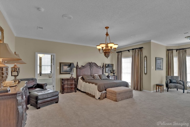 carpeted bedroom with a chandelier, a textured ceiling, crown molding, and baseboards