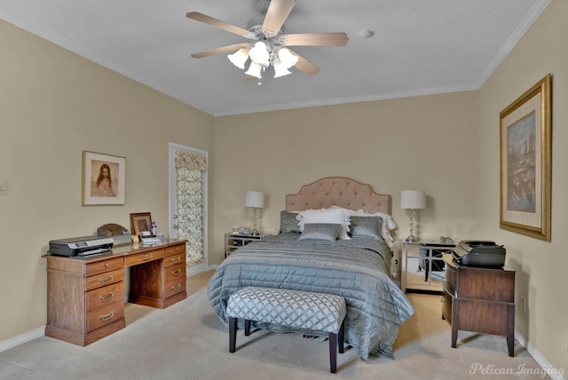 bedroom featuring baseboards, light colored carpet, and ornamental molding