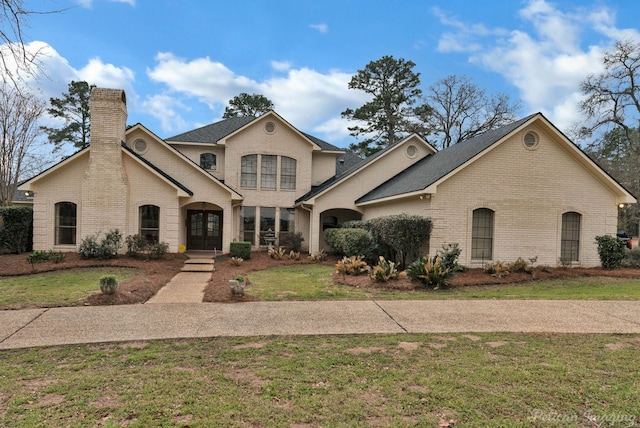 view of front of home with brick siding, a chimney, and a front lawn