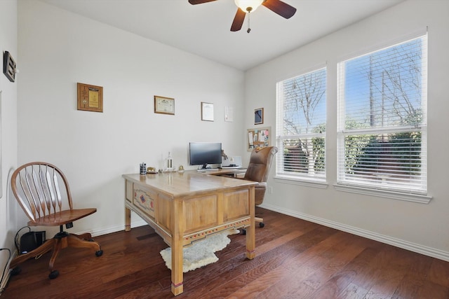 office space featuring a ceiling fan, dark wood-type flooring, and baseboards