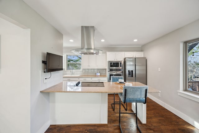 kitchen featuring a peninsula, island exhaust hood, a sink, stainless steel appliances, and tasteful backsplash