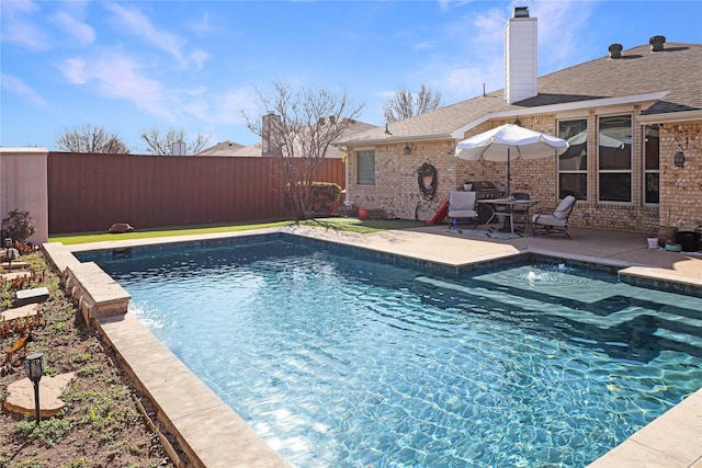 view of pool featuring a patio, a fenced backyard, and a fenced in pool