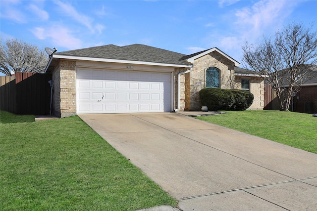 single story home featuring a front lawn, fence, brick siding, and driveway