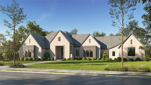 view of front of property with stone siding and a front lawn