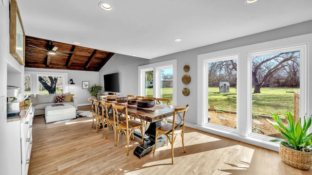 dining room featuring vaulted ceiling, light wood-style flooring, recessed lighting, and wood ceiling