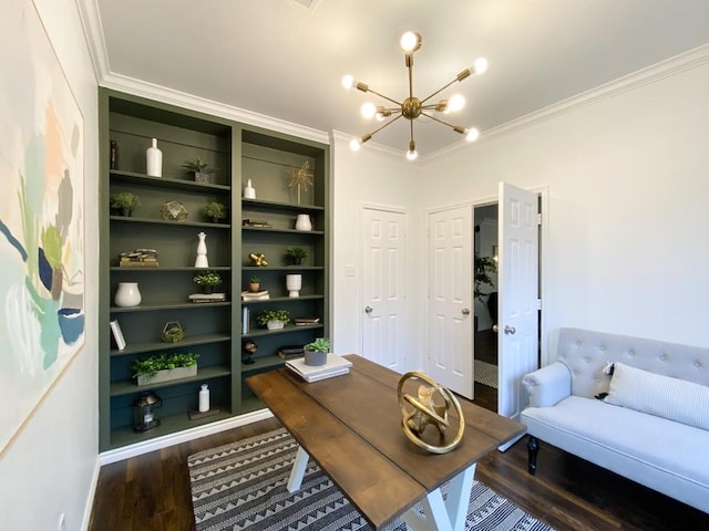 home office featuring dark wood finished floors, crown molding, built in features, and a chandelier