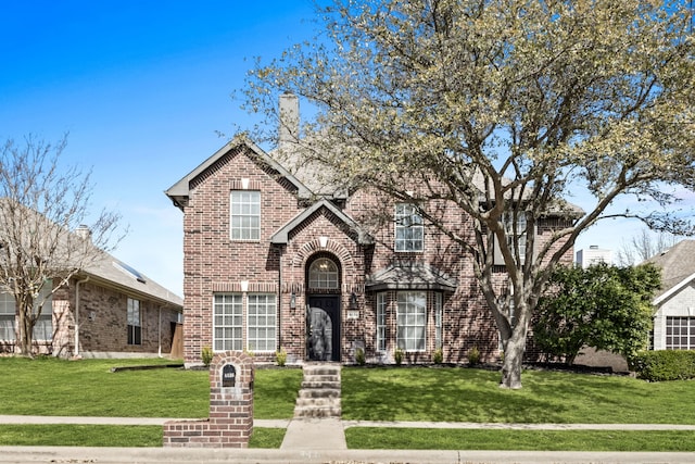 view of front of house featuring a front lawn, brick siding, and a chimney