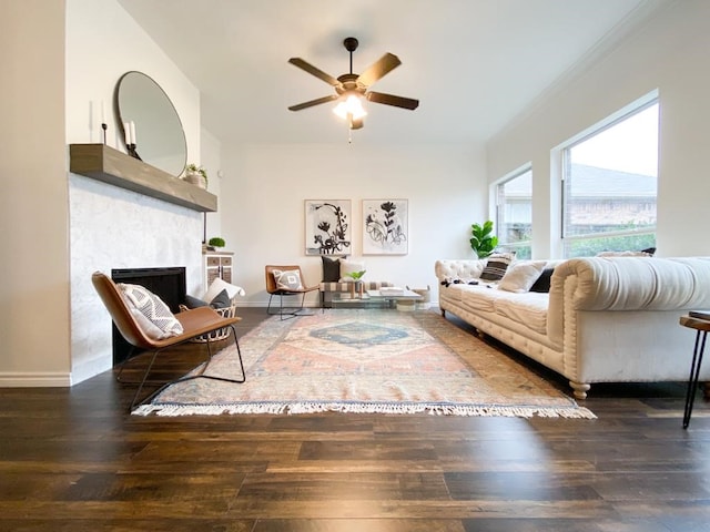 living room featuring a fireplace, wood finished floors, and baseboards