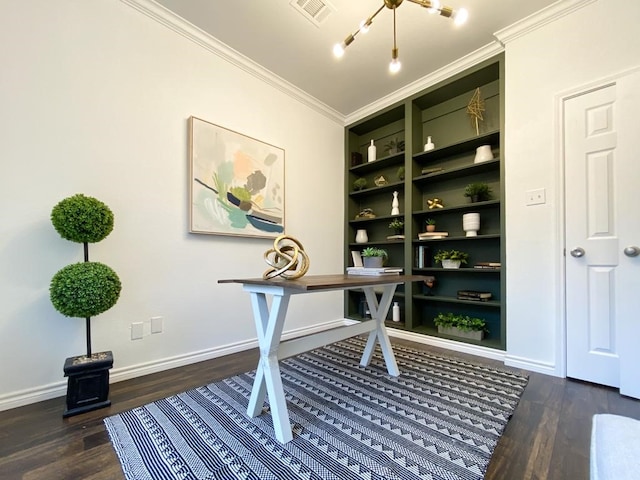 office area with crown molding, wood finished floors, and visible vents