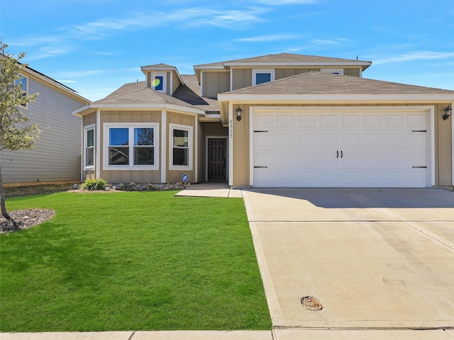 prairie-style home with driveway, a front lawn, board and batten siding, an attached garage, and a shingled roof