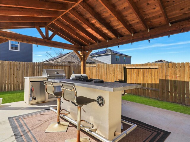 view of patio featuring a fenced backyard and an outdoor kitchen