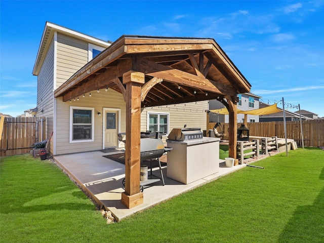 rear view of property with a patio, a lawn, a fenced backyard, and exterior kitchen