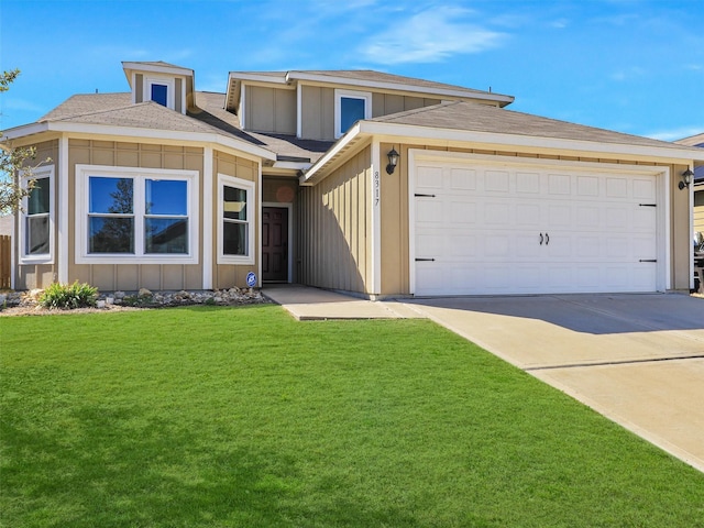 prairie-style house featuring board and batten siding, a front lawn, concrete driveway, roof with shingles, and a garage