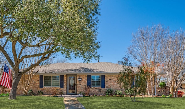 ranch-style house featuring brick siding, a front lawn, and a shingled roof