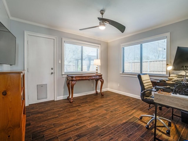 office space with a wealth of natural light, ornamental molding, baseboards, and wood finished floors