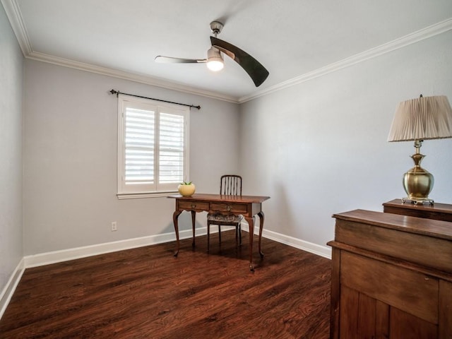 home office with crown molding, baseboards, dark wood-type flooring, and a ceiling fan