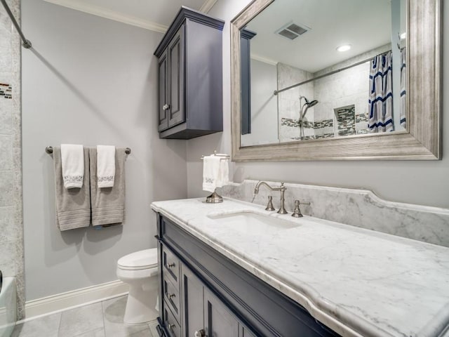 bathroom with visible vents, crown molding, toilet, a shower with curtain, and vanity