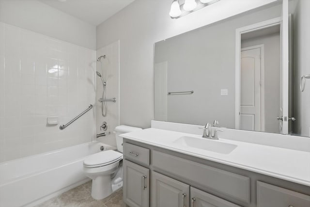 bathroom with vanity,  shower combination, toilet, and tile patterned flooring