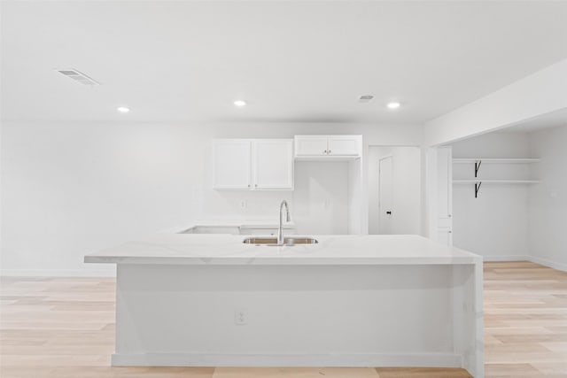 kitchen featuring white cabinetry, light wood-style flooring, visible vents, and a sink