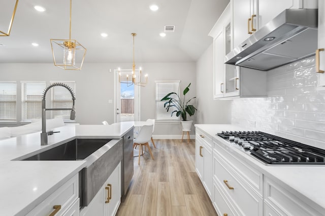 kitchen featuring a sink, stainless steel gas stovetop, light wood-style floors, exhaust hood, and backsplash