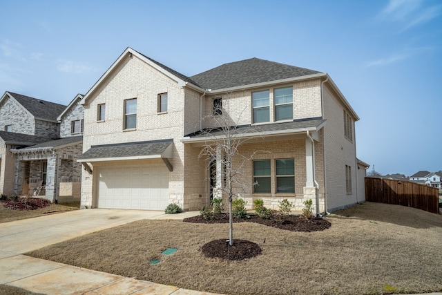 view of front of home featuring fence, roof with shingles, concrete driveway, a garage, and brick siding