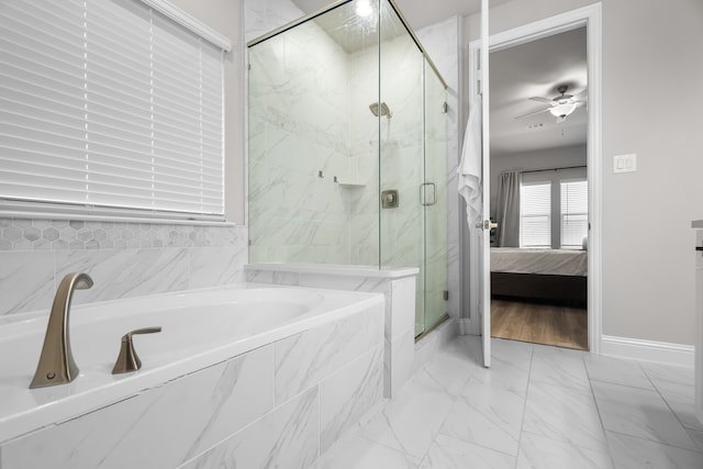 ensuite bathroom with a garden tub, marble finish floor, ensuite bathroom, a ceiling fan, and a marble finish shower