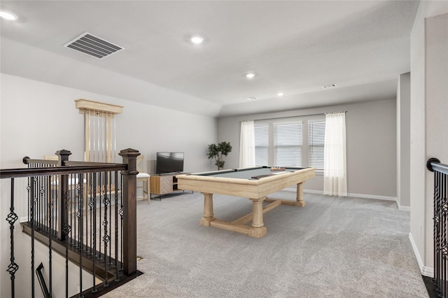 recreation room featuring visible vents, recessed lighting, pool table, carpet flooring, and baseboards