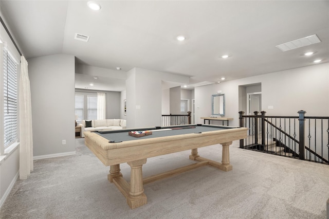 game room featuring recessed lighting, visible vents, carpet, and billiards