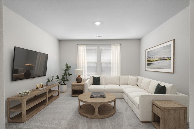 living area with visible vents and carpet floors