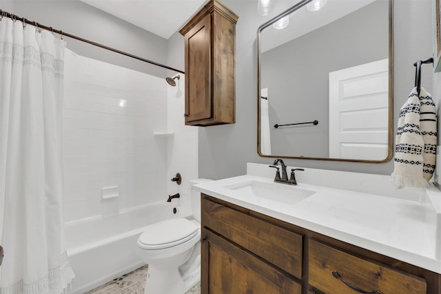 full bath featuring toilet, vanity, and shower / bath combination with curtain