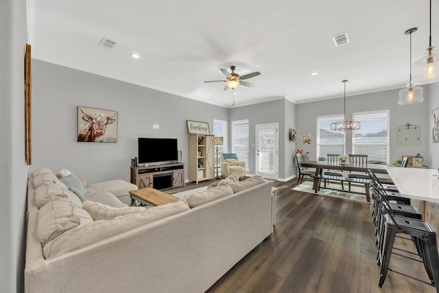 living area featuring dark wood-type flooring, plenty of natural light, ceiling fan with notable chandelier, and visible vents