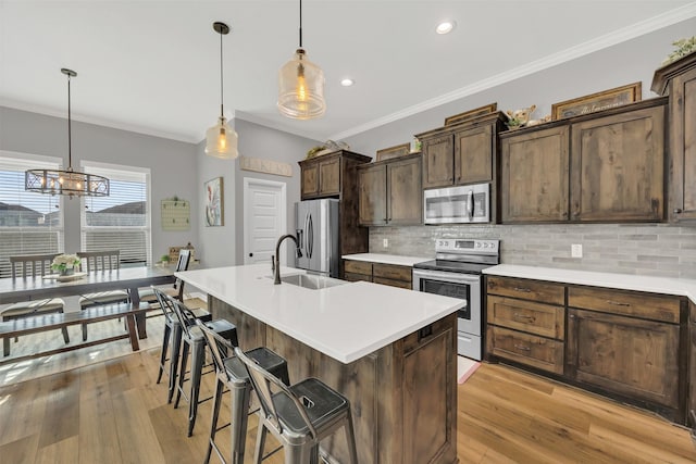 kitchen with crown molding, decorative backsplash, a kitchen breakfast bar, stainless steel appliances, and a sink