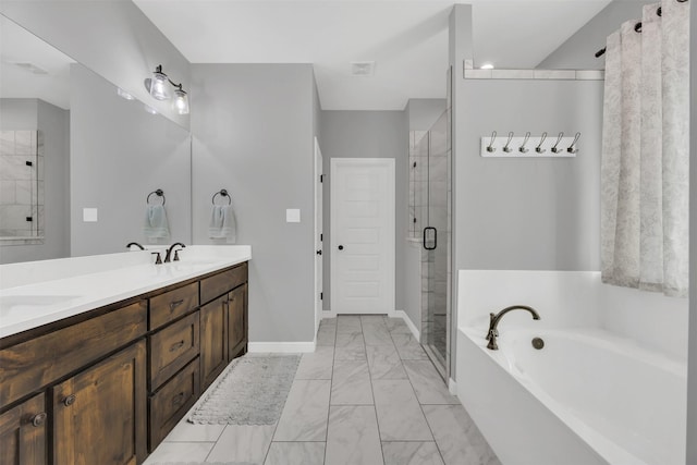 bathroom with visible vents, double vanity, a stall shower, a bath, and marble finish floor