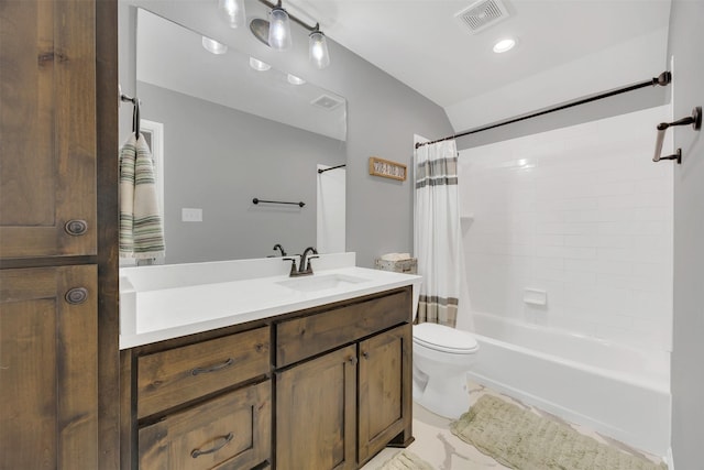 full bath featuring visible vents, toilet, marble finish floor, vanity, and shower / bathtub combination with curtain