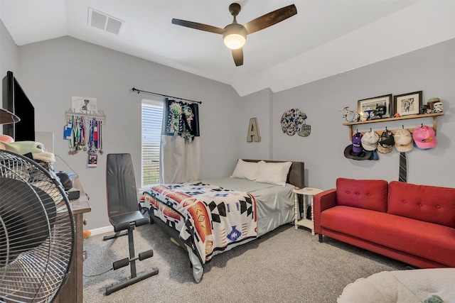 bedroom with a ceiling fan, carpet, visible vents, baseboards, and vaulted ceiling