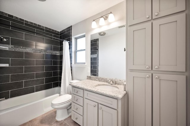 full bathroom featuring shower / bathtub combination with curtain, visible vents, toilet, tile patterned flooring, and vanity