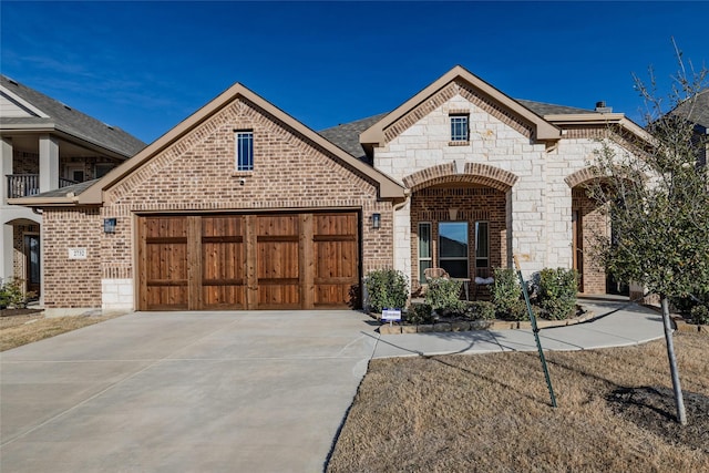 french provincial home with stone siding, an attached garage, brick siding, and driveway