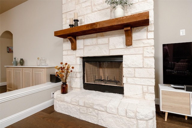 details with baseboards, wood finished floors, and a fireplace