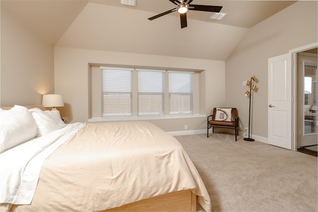 bedroom with visible vents, baseboards, vaulted ceiling, carpet flooring, and a ceiling fan