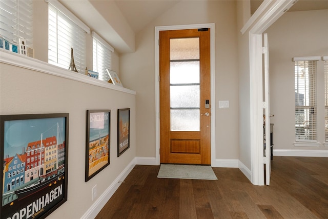 entryway featuring a wealth of natural light, lofted ceiling, and dark wood-style flooring