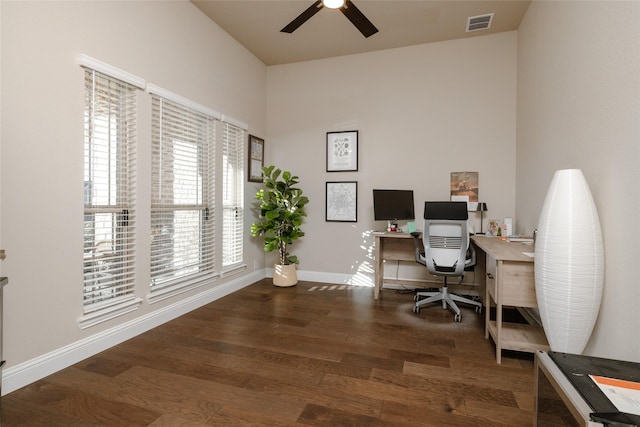 office area featuring a ceiling fan, visible vents, wood finished floors, and baseboards