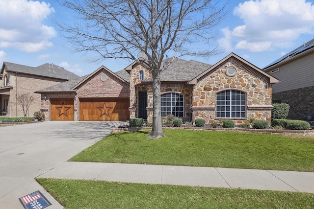 french provincial home featuring stone siding, a garage, driveway, and a front lawn