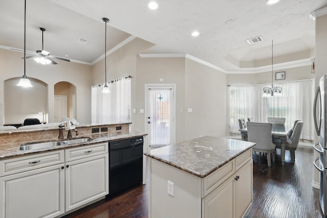 kitchen featuring a sink, dark wood-type flooring, black dishwasher, and crown molding