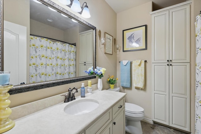 full bathroom with vanity, curtained shower, toilet, and tile patterned flooring