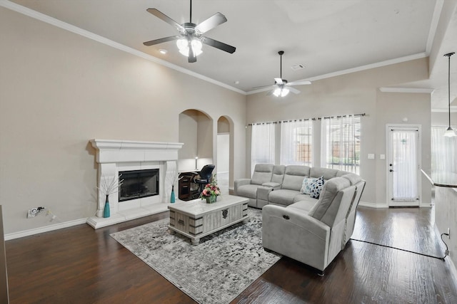 living area with baseboards, a fireplace with raised hearth, and dark wood finished floors